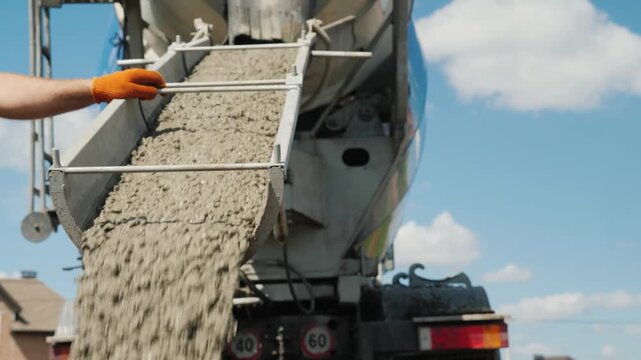 Industrial concrete mixer truck pouring wet cement down the chute on a residential construction site.