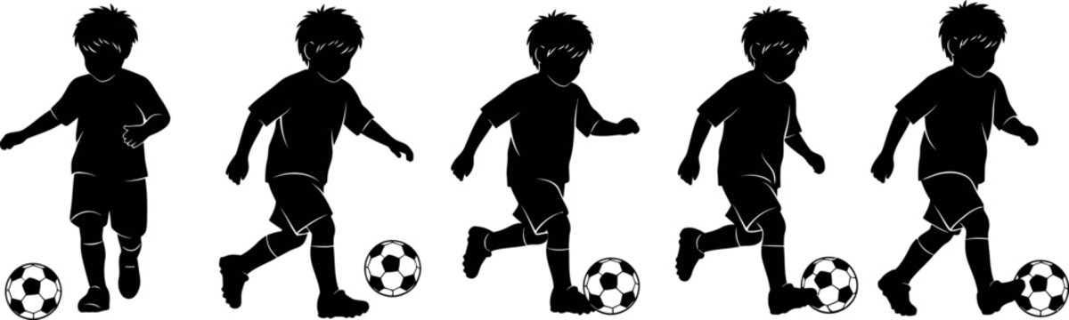 Flat vector illustration showing a sequence of five boys in motion kicking and running with a soccer ball on a plain background.