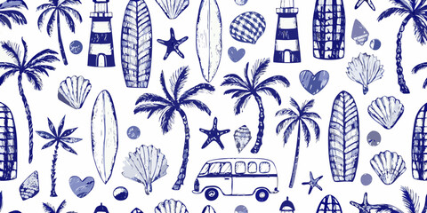 beach themed seamless pattern with hand drawn illustrations © Hemlata