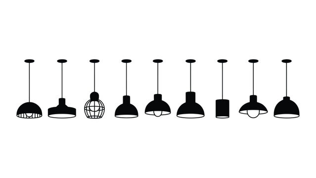 Collection of various hanging pendant light fixtures in black and white silhouette style