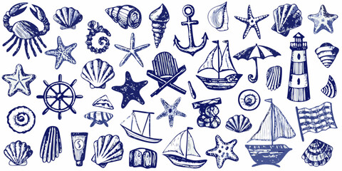 Nautical themed sketch collection with shells boats and anchors © Hemlata