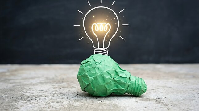 A green paper light bulb resting on a grey surface with a glowing white chalk drawing of a bulb above it symbolizing creativity and a bright new business idea