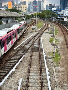 Rapid KL Light Rail Transit CSR Zhuzhou LRV train on elevated tracks near Chan Sow Lin LRT Station. Kuala Lumpur, Malaysia, May 2025.  