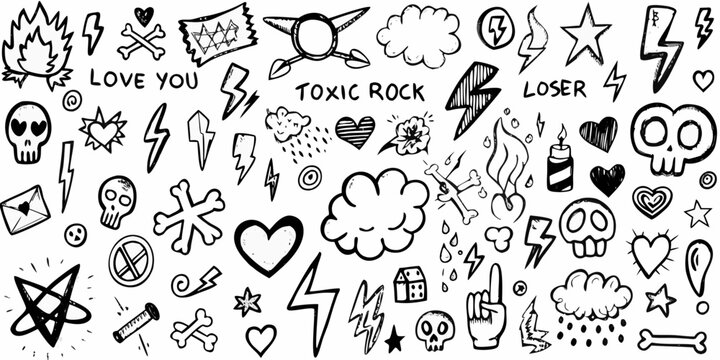 graffiti doodles and punk rock symbols black and white illustration