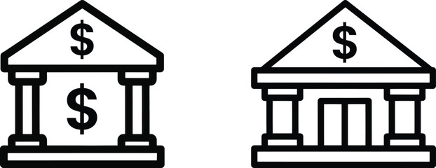 Obraz premium Bank building icon set, financial institution symbols with dollar signs