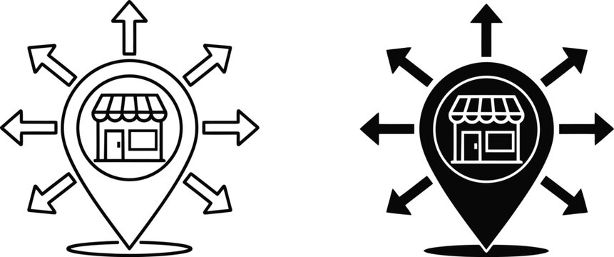 Store location pin icon with arrows indicating multiple directions