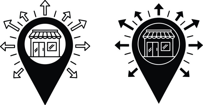 Store location icon set with arrows indicating delivery or distribution