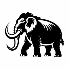 Fototapeta premium A sleek black and white vector illustration of a woolly mammoth standing in a minimalist and stylized design.