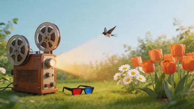 Vintage projector with flowers and bird