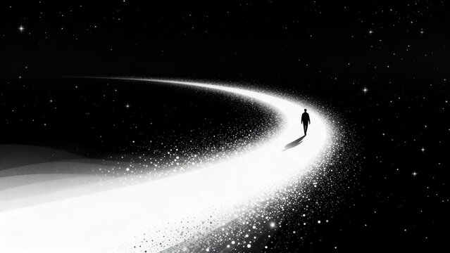 Silhouette walking on glowing path in space
