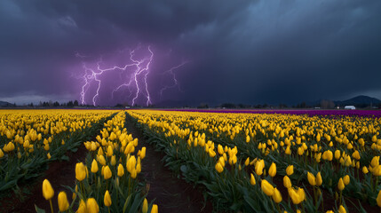 Obraz premium Ai Storm approaching over a field of yellow tulips with lightning in the sky