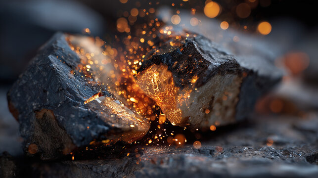 Ai Fire ignites from rock surfaces in a dark environment with glowing sparks and bright flashes of light