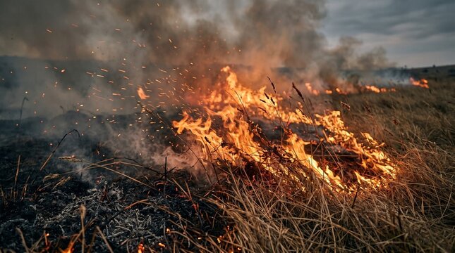 Dry grass burning wildfire spreading across field under cloudy sky