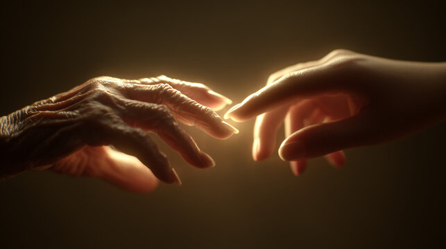 Ai Connection between generations shown through hands reaching towards each other in soft light