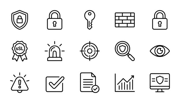 Security Icons Set, Cyber Protection Symbols, Data Safety Vector Graphics, Digital Shield and Lock