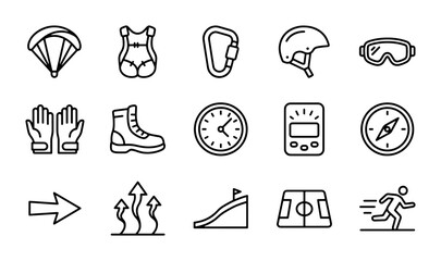 Extreme Sports Icons Set: Parachute, Helmet, Goggles, Compass, Ramp, Runner, 15 Vector Elements © Oishi