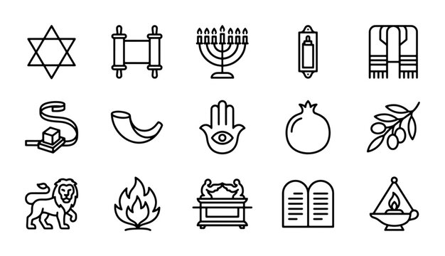 Jewish Symbols Vector Icons Set: Star of David, Menorah, Torah, Shofar, Hamsa, Lion, Olive Branch