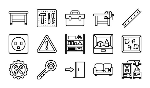 Workshop Tools and Equipment Vector Icons Set: Workbench, 3D Printer, Safety Signs, Storage