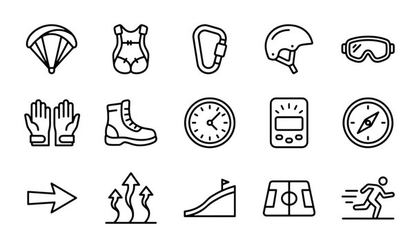 Extreme Sports Icons Set: Parachute, Helmet, Goggles, Compass, Ramp, Runner, 15 Vector Elements