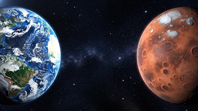 Earth and mars displayed against a starry background in outer space