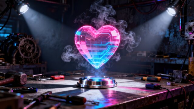 Glowing heart hologram in workshop
