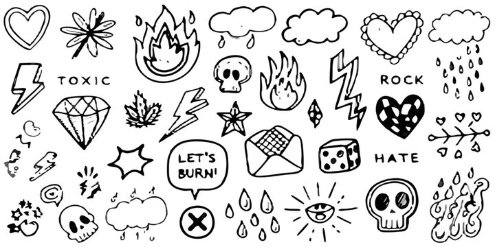 punk rock doodle pattern black and white line art