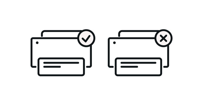 Printer status icon set: online and offline printing machine with check mark and X sign, minimalist black line art vector illustration.