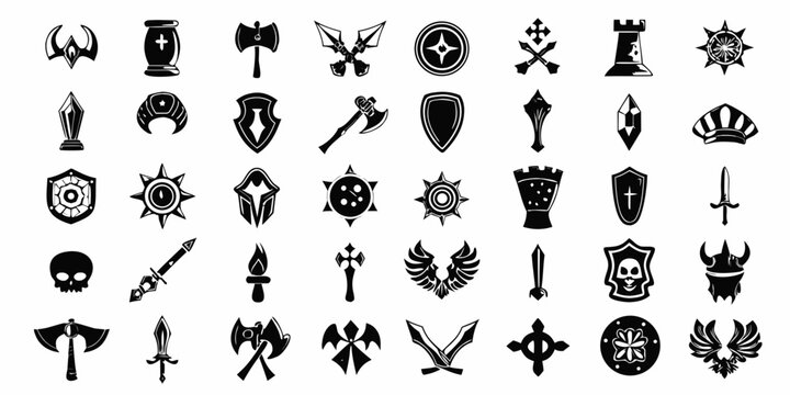 Fantasy weapon and shield icons set black and white