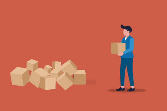 Businessman bring box. Business concept partnership, cooperation of businessmen and businesswomen, career growth, development and success