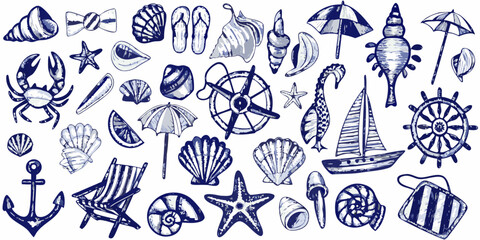 Nautical illustrations collection with seashells crabs and ship wheels © NaderAli