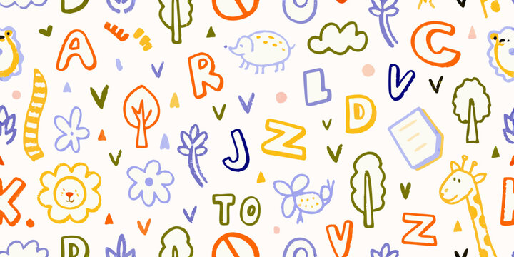 colorful alphabet pattern with playful illustrations and hand drawn style