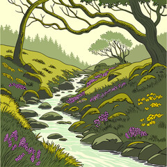 Serene forest stream flows through a rocky sunlit glade with wildflowers woodland peaceful tranquil outdoors landscape environment recreation exploration adventure babbling © Monir