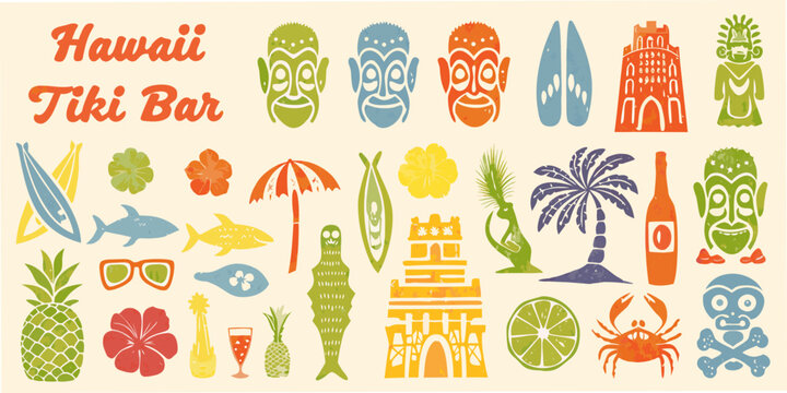Retro hawaiian tiki bar illustration with tropical elements