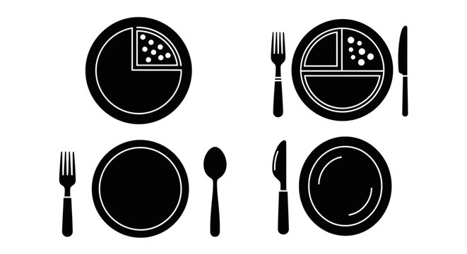 Dietary Portion Control Icons: Pie Chart Plate, Divided Plate, Empty Plate with Utensils
