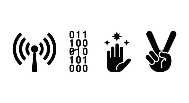 Digital connection, binary code, magic touch, peace sign icons