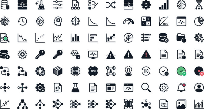 Collection of black flat data and technology icons on white background