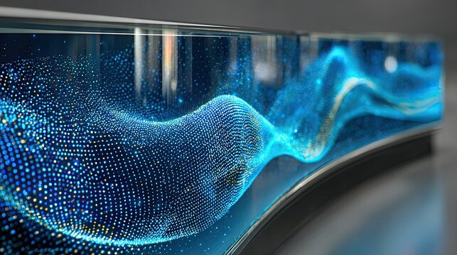 Abstract glowing blue digital particles form fluid waves on display