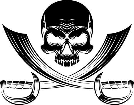 Pirate skull crossbones with crossing sabers or scimitar cutlass pirate swords. In a vintage retro woodcut style.