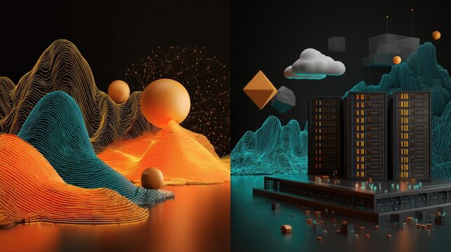 Abstract digital landscape with futuristic mountains, spheres, and server racks