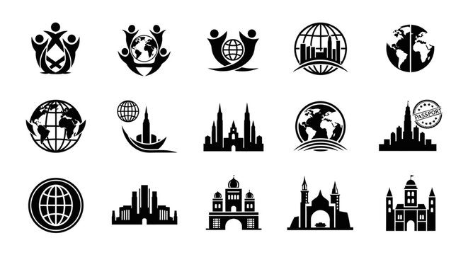 Global Business and Community Icons: Cityscapes, Earth, People, and Buildings