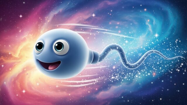 Whimsical journey: A cartoon sperm cell soaring through a vibrant cosmos