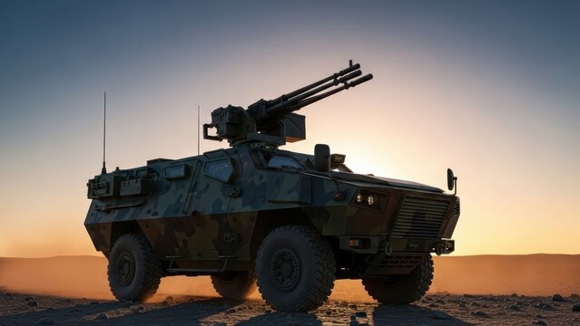 Armored vehicle equipped with a machine gun for surveillance and patrol activities in desert