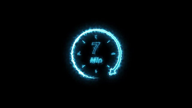 Glowing Blue Neon Clock with Countdown Timer 7 min on Black.4k video