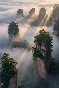 The towering misty mountains of Zhangjiajie look like floating islands from a fantasy kingdom.
