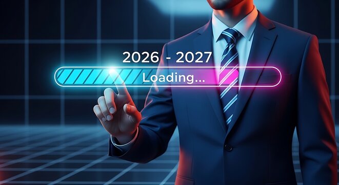 Businessman touching a digital loading bar transitioning from year 2026 to 2027 in office