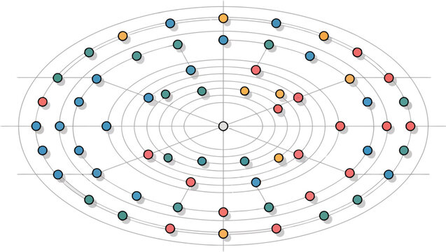 Abstract Data Visualization: An intricate diagram of interconnected nodes arranged in a layered, elliptical structure, symbolizing complex data relationships and information flow.
