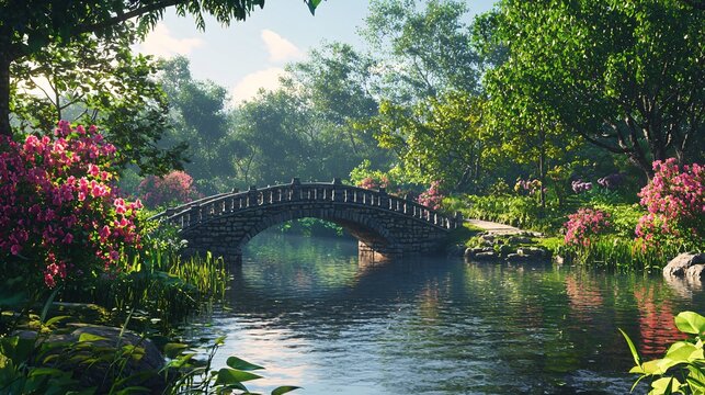 Beautiful artistic conception, garden, small bridge and flowing water