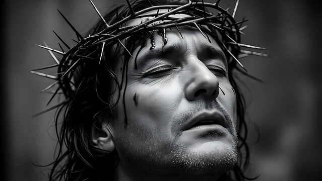 A dramatic black and white artistic portrait of a suffering man wearing a sharp crown of thorns with closed eyes and tilted head expressing divine sacrifice and spiritual martyrdom.