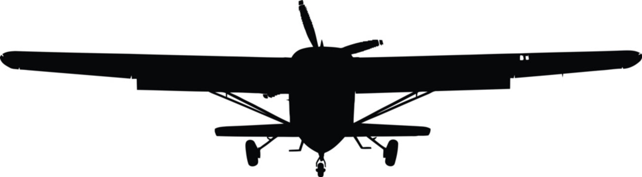 Silhouette of a small propeller plane, front view airplane