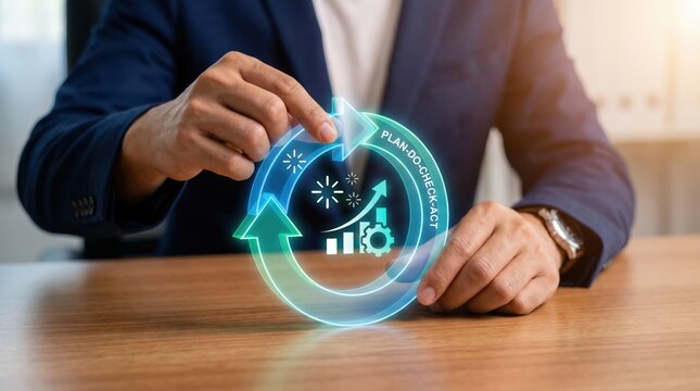 Continuous Improvement and Kaizen Concept: Hands Interacting with Holographic PDCA Cycle (Plan-Do-Check-Act) and Growth Icons